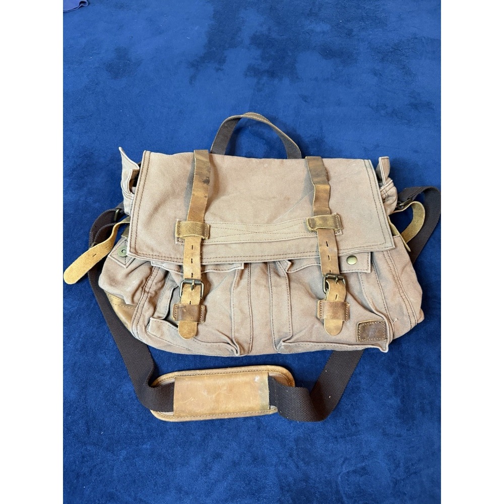 Vtg Mens Canvas Leather Messenger Shoulder Bag Beige Khaki Medium